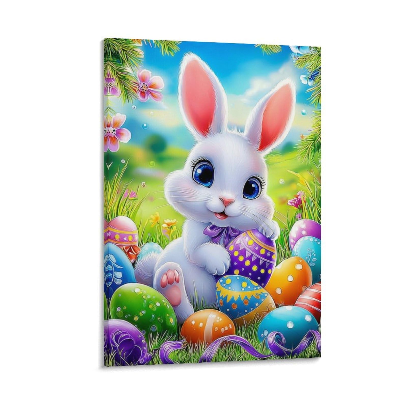 DHBANEIOK Easter Bunny with Eggs Wall Decor Poster Giclee Canvas Prints Modern Wall Art Picture Wall Hanging for Living Room Bedroom Home Decorations 20x30inch(50x75cm)