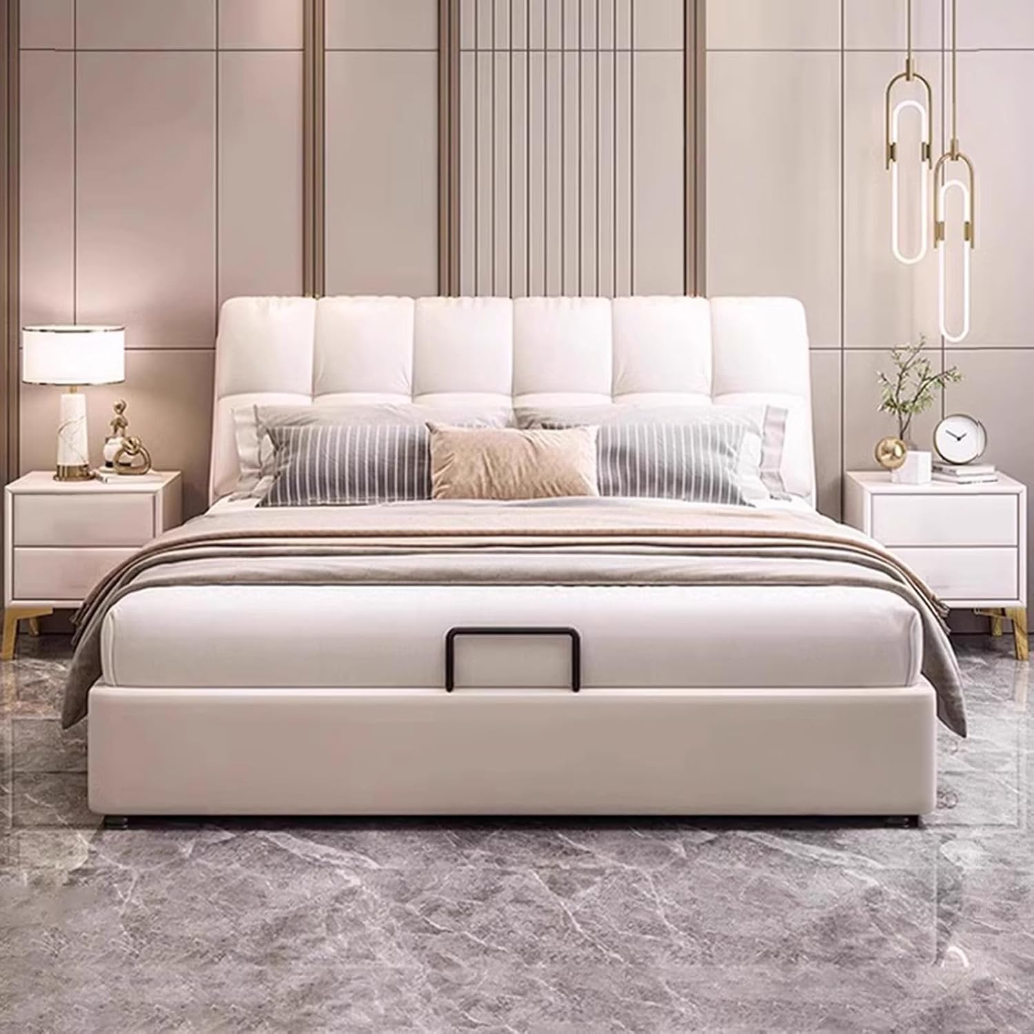 White Leather Modern Queen Size Platform Bed Wooden Slats Support QLift Up Storage Bed Noise-Free