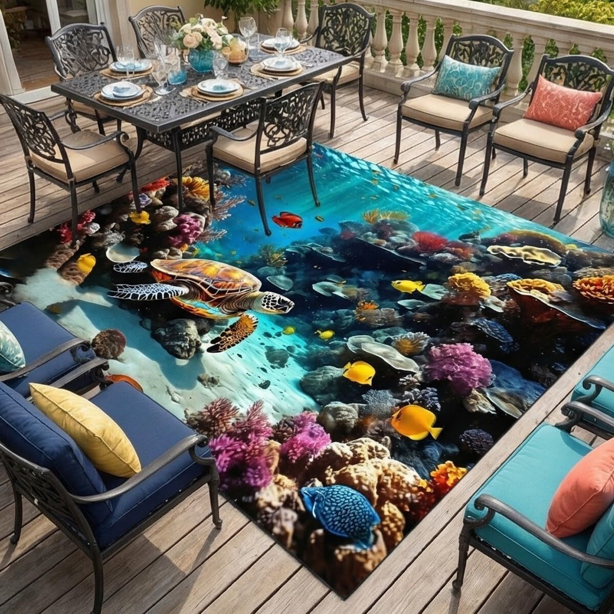 Natural Underwater World Outdoor Area Rugs 4x6 Colorful Turtle Corals Fishes Pattern Waterproof Non Slip Thin Easy Clean Carpets for Garden Backyard Balcony Patio Camping Deck Poolside Mats