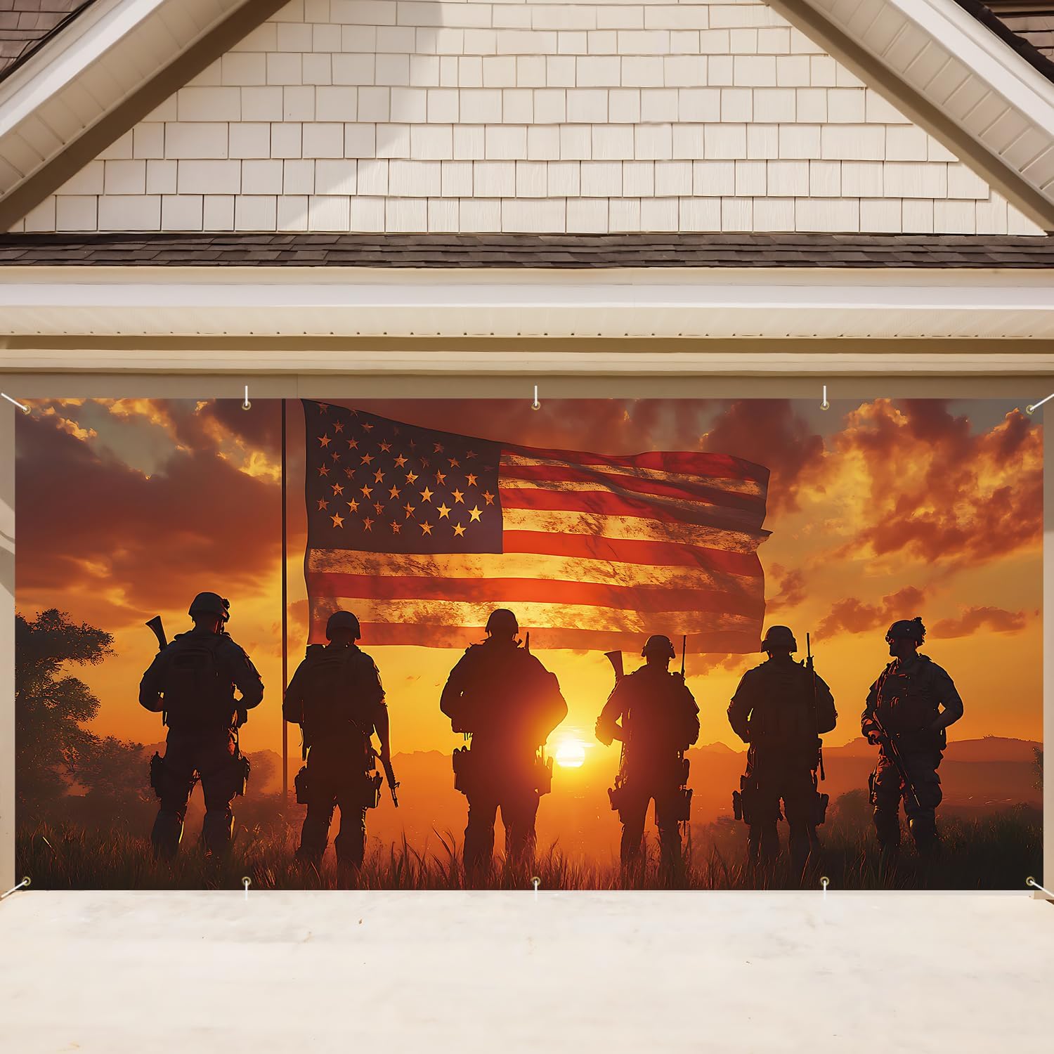 16x7Ft Patriotic American Soldier Silhouette Garage Door Decoration Flag, Military Tribute flag - Sunset USA Flag Themed Outdoor Decor