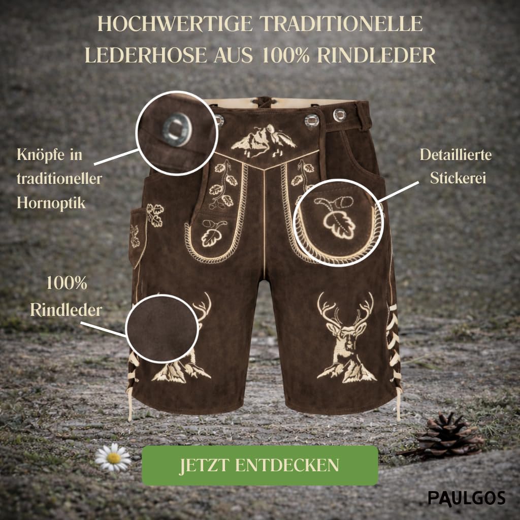 PAULGOS Herren Trachten Lederhose HK4 + Träger, Echtes Leder, Gr. 44-60