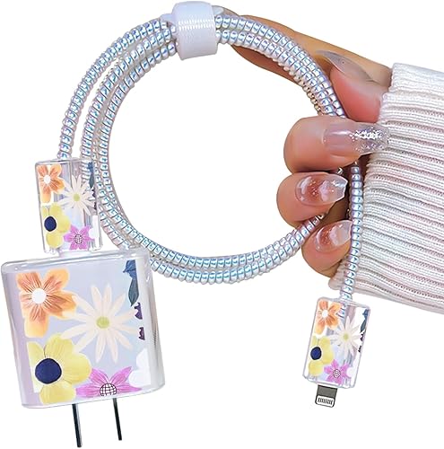 Lindo protector de cable floral para cargador de iPhone, diseño único de flores coloridas, funda de cable de datos de TPU suave, funda protectora