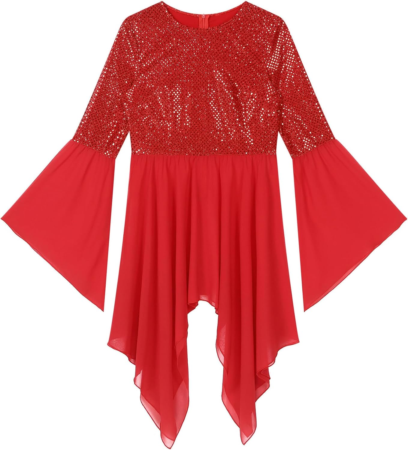 Women's Sequins Chiffon Praise Dance Tunic Tops Long Flare Sleeve Worship Church Dance Overlays