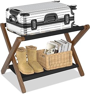 Gluckluz Folding Luggage Rack Suitcase Stand Fully Assembled Wood Luggage Holder with Storage Shelf & 5 Nylon Straps & 60KG Load Bearing for Guest Room