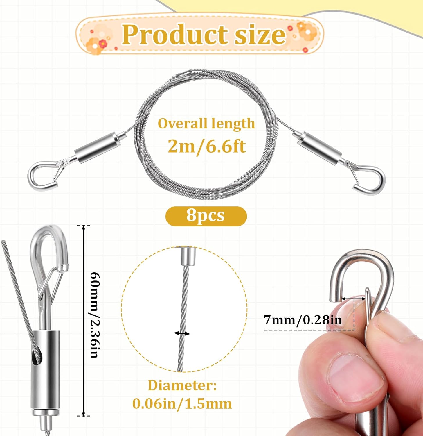 8 Pcs Adjustable Picture Hanging Wire Kit, 6.6FT Heavy Duty Stainless Steel Rope with Hooks for Hanging Pictures Mirrors Tool Free Cables Rope