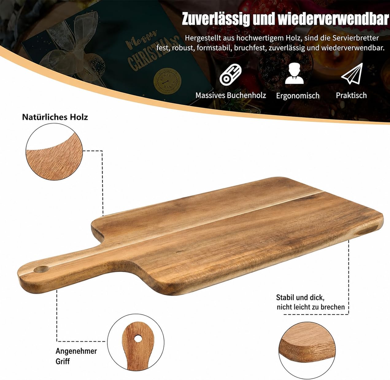 5 taglieri in legno di acacia con manico, taglieri da cucina in legno per carne, pane, frutta, formaggio, taglieri da portata (40 x 20 cm)
