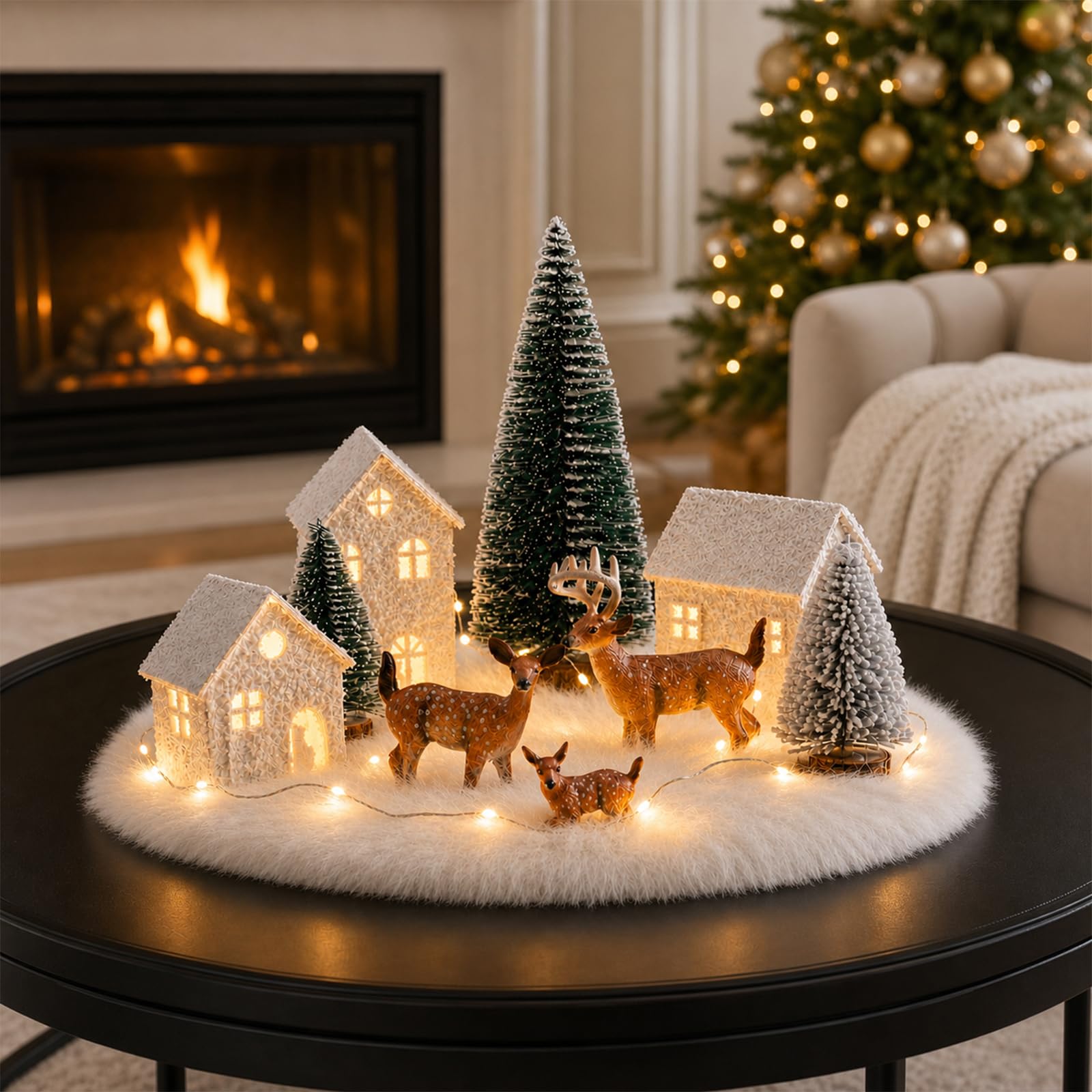 Thenshop Ensemble de village de Noël 11 pièces avec mini maisons, figurines de cerfs, arbres en sisal, couverture de neige et guirlandes lumineuses à DEL, décoration d'intérieur pour table de Noël