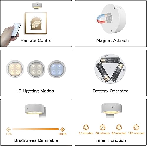 Miniatura 6 de Paquete de 2 luces magnéticas para fotos, funciona con pilas, luz LED con control remoto, 3 modos de iluminación y temporizador regulable, luz de