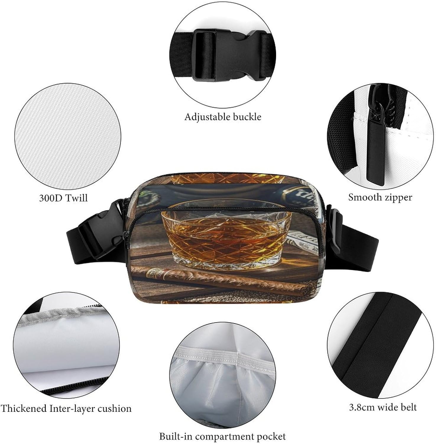 Cigar & Whiskey Fanny Pack Belt Bag with Adjustable Strap Fashion Waist Bag for Outdoor Sports Hiking