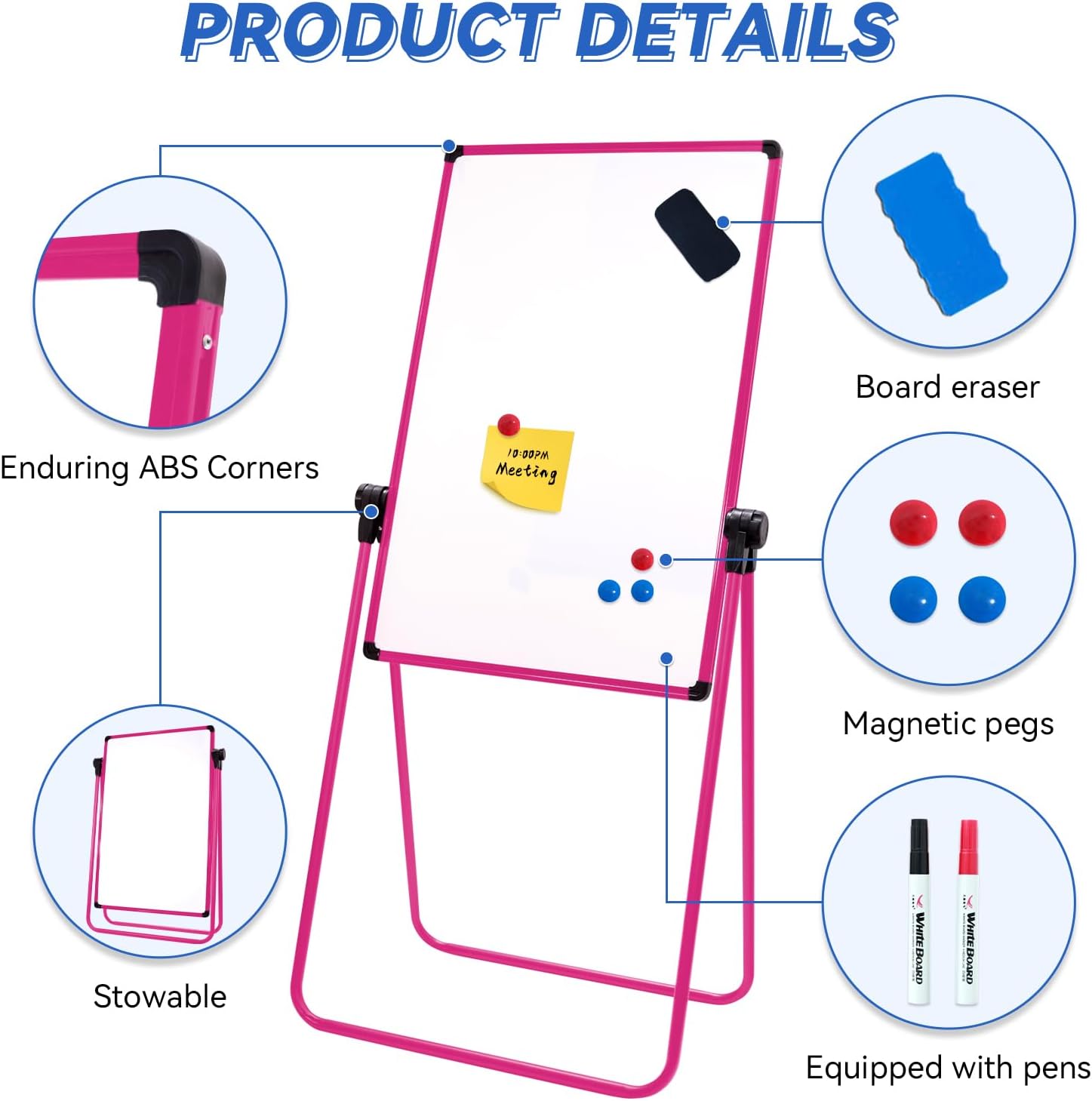 Magnetic Whiteboard with Stand - 28"x20" Double Sided Dry Erase Board, Height Adjustable Flipchart Easel, Portable Foldable U Standing White Board for Home Office, Pink
