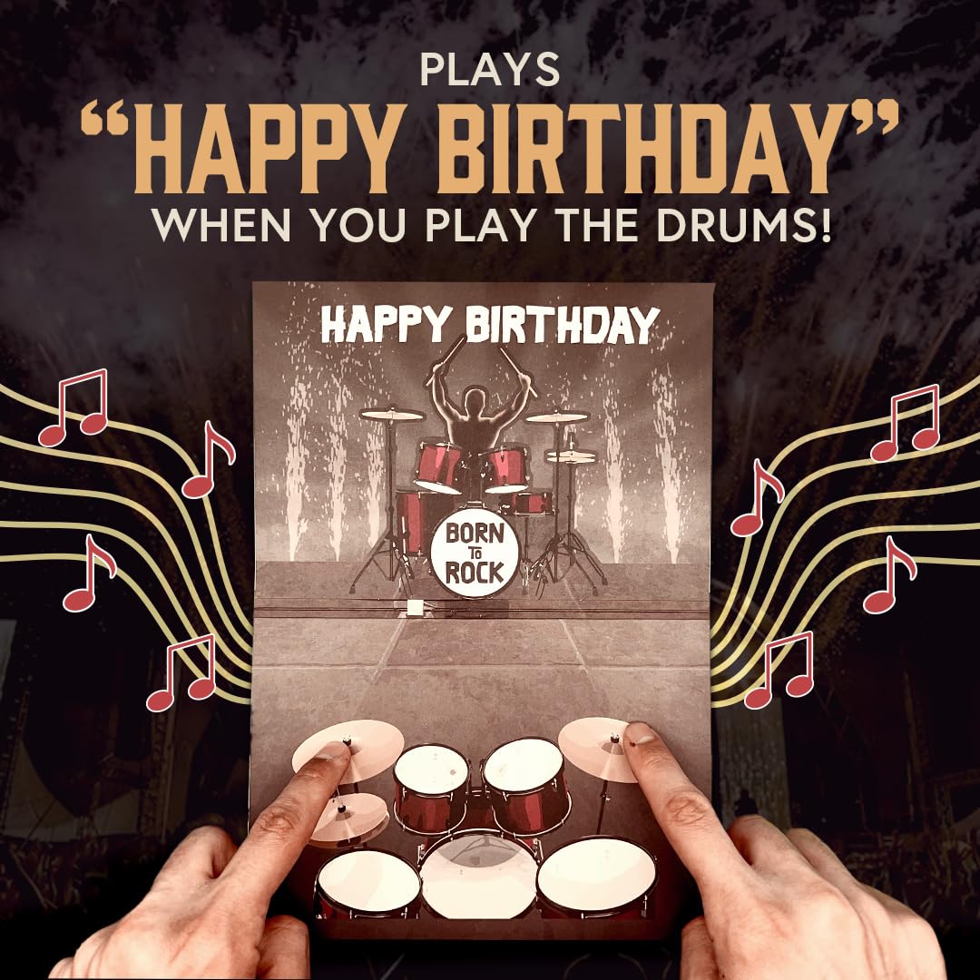 Interactive Music Birthday Card - Playable Musical Birthday Cards for Men, Unique Gift for Guitar Players, Drummers & Pianist, Musician Friends & Son, Musical Instrument Touch to Play (Drums)