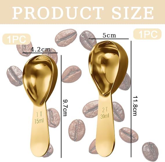 2 Pcs Golden Coffee Scoop for Ground Coffee, Tablespoon Measuring Spoons 15ml 30ml Stainless Steel Measuring Spoon Clear Scale, Suitable for Measuring Beans Tea Powder and Sugar