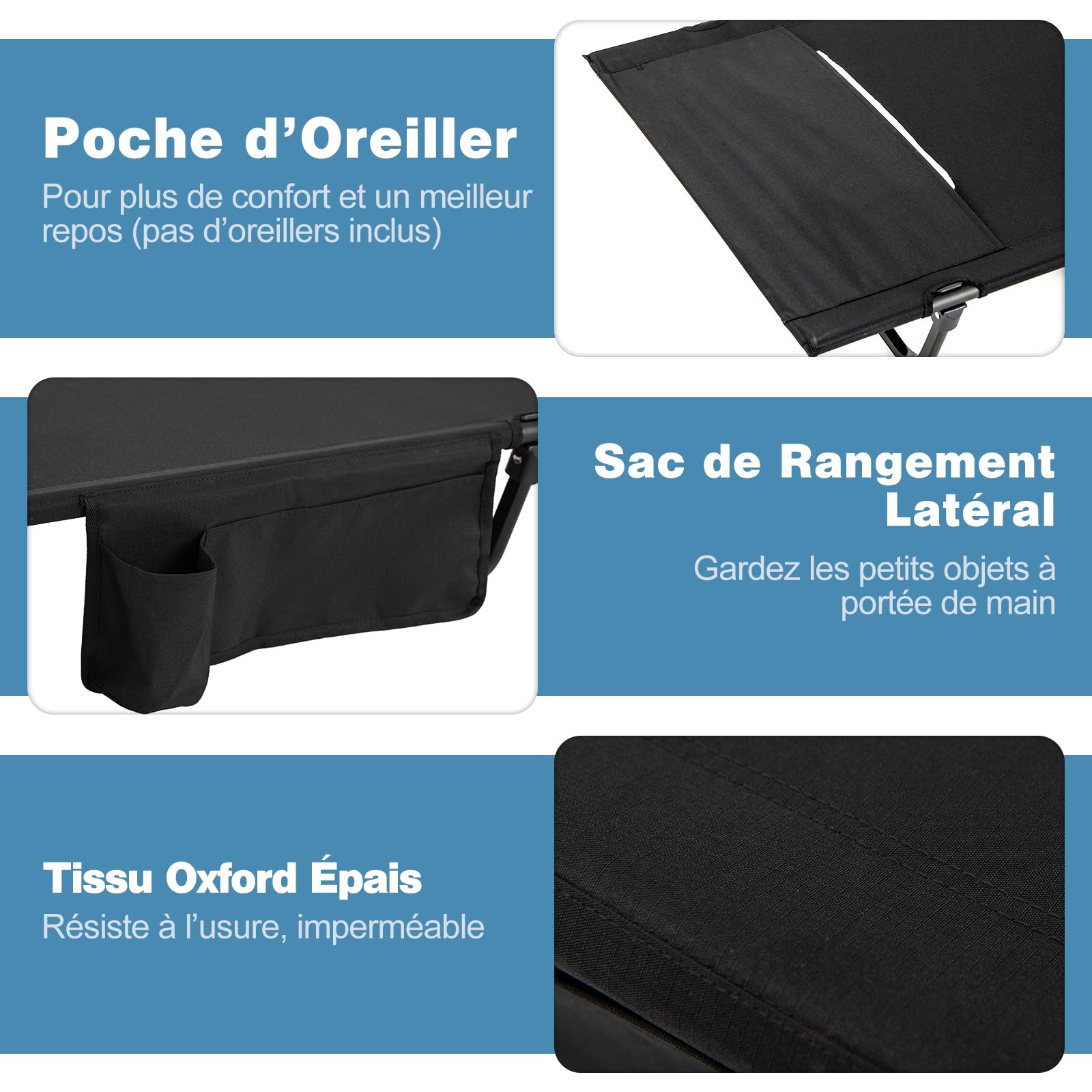 COSTWAY Lit de Camp Pliable 1 Personne, Poche Latérale, Sac de Transport, Connexion par Crochet, Lit Pliant Léger pour Randonnée Plage Bureau, Charge 150 kg, 193 x 70 x 18 cm