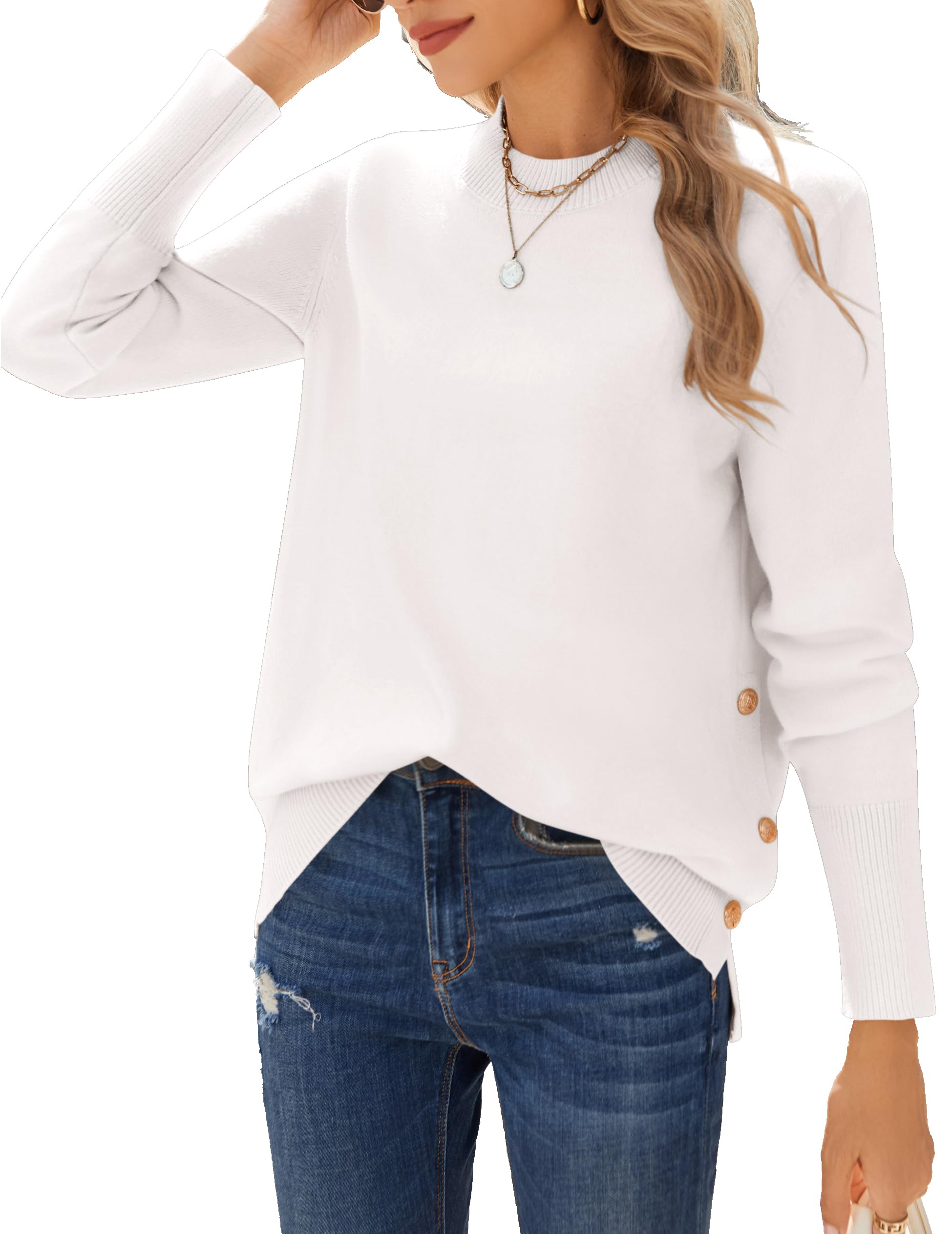 ZEAGOO Pullover Damen Strickpullover Winter Langarm Rundhals Pulli Herbst Casual Damenpullover Einfarbig Gestrickt Oberteile mit Knöpfen