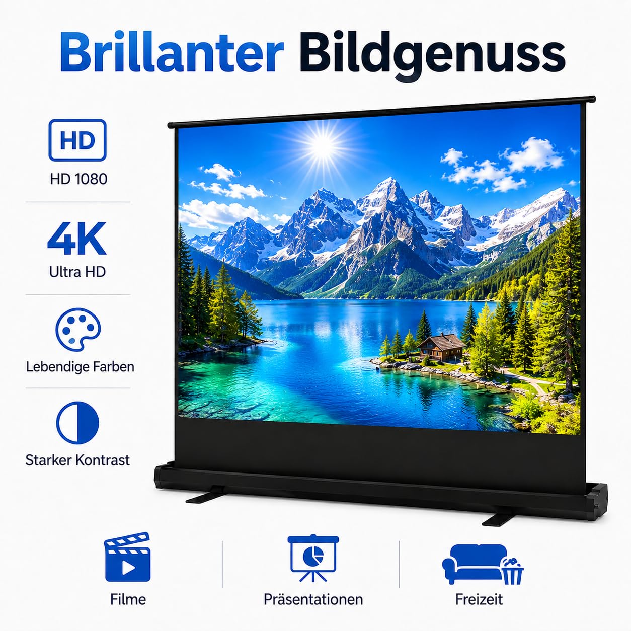Tragbare Non-Tension ALR Leinwand Beamer 100 Zoll Format 16:9,Hochziehbare Pull-Up Beamer Leinwand mit Ständer,Ideal für Heimkino, Innen-/Außenfilme