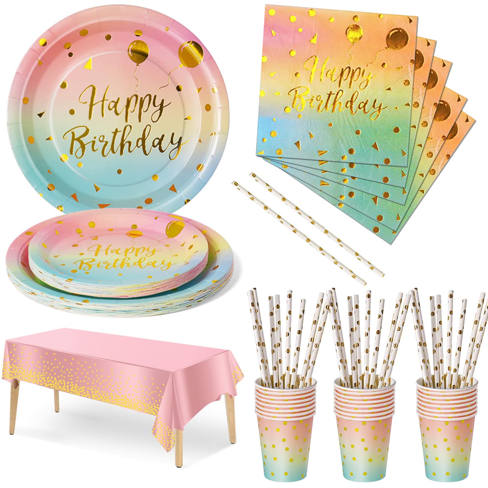 Nkaiso Party Tableware 121Pcs Rainbow Gold Happy Birthday Theme Kids Birthday Decoration Accessories Set Includes Paper Plates Napkins Cups, for Party Supplies-24 Guests