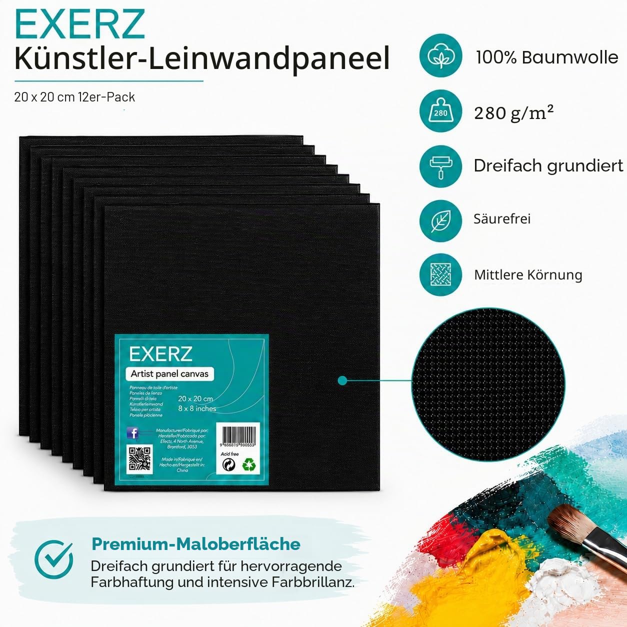 Exerz Schwarze Leinwand 20x20cm, 12er-Set Malkarton, Künstler-Leinwände aus 100% Baumwolle, 280 g/m², 0,3cm Dick, Blanko, Dreifach Grundiert, Säurefrei, Mittlere Körnung