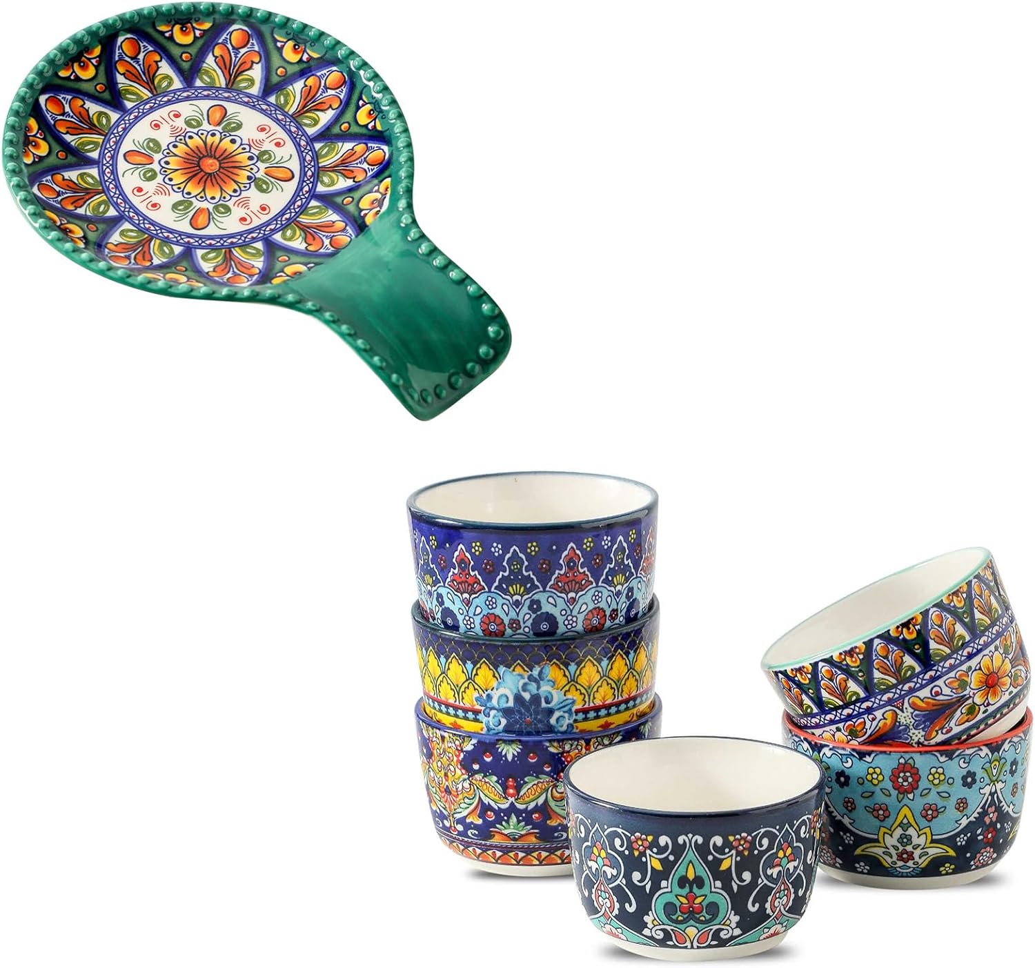 Glowworm 8 Oz Ramekins Set of 6, Ceramic Creme Brulee Ramekins, 7.7 Inch Ceramic Spoon Rest for Stove Top