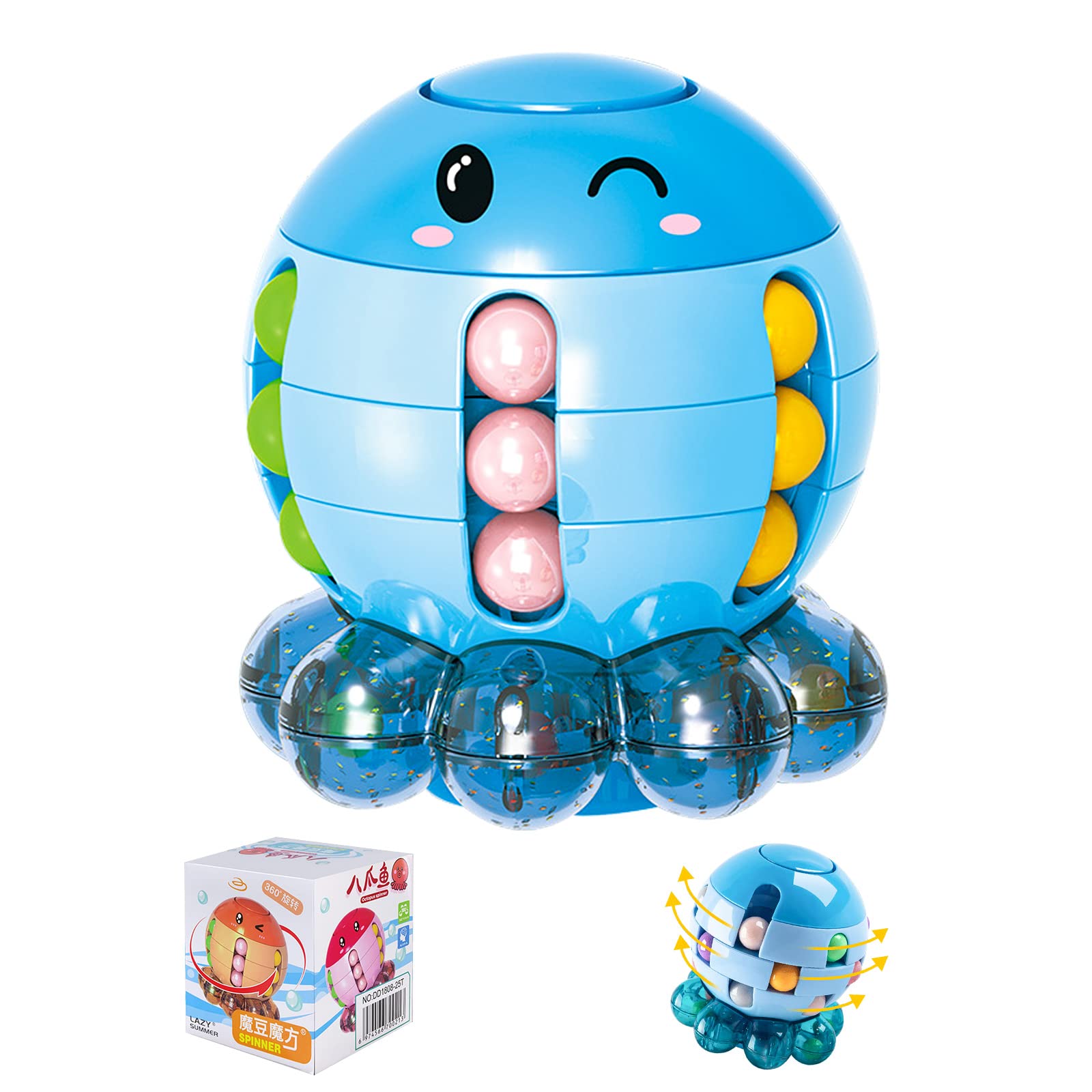 Octopus Magic Bean Cube,Children's Educational Toys,Decompression Toys to Exercise Attention and Hand-Brain Coordination,Rotating Toys for Children and Young Adults (Blue)