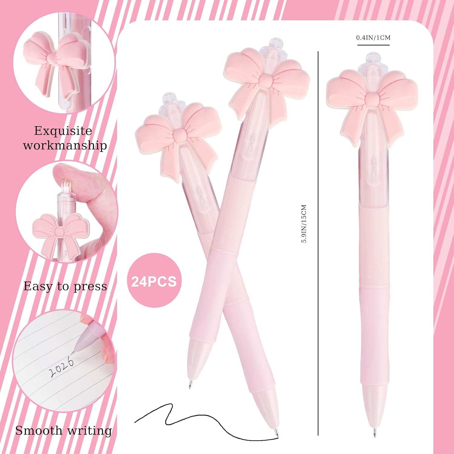 24 Pcs Pink Bow Pens Bulk, Cute Retractable Gel Pens with Black Ink Coquette Aesthetic Bow Party Favors for Birthday Baby Shower Bridal Shower Tea Party Back to School and Office Supplies image 2