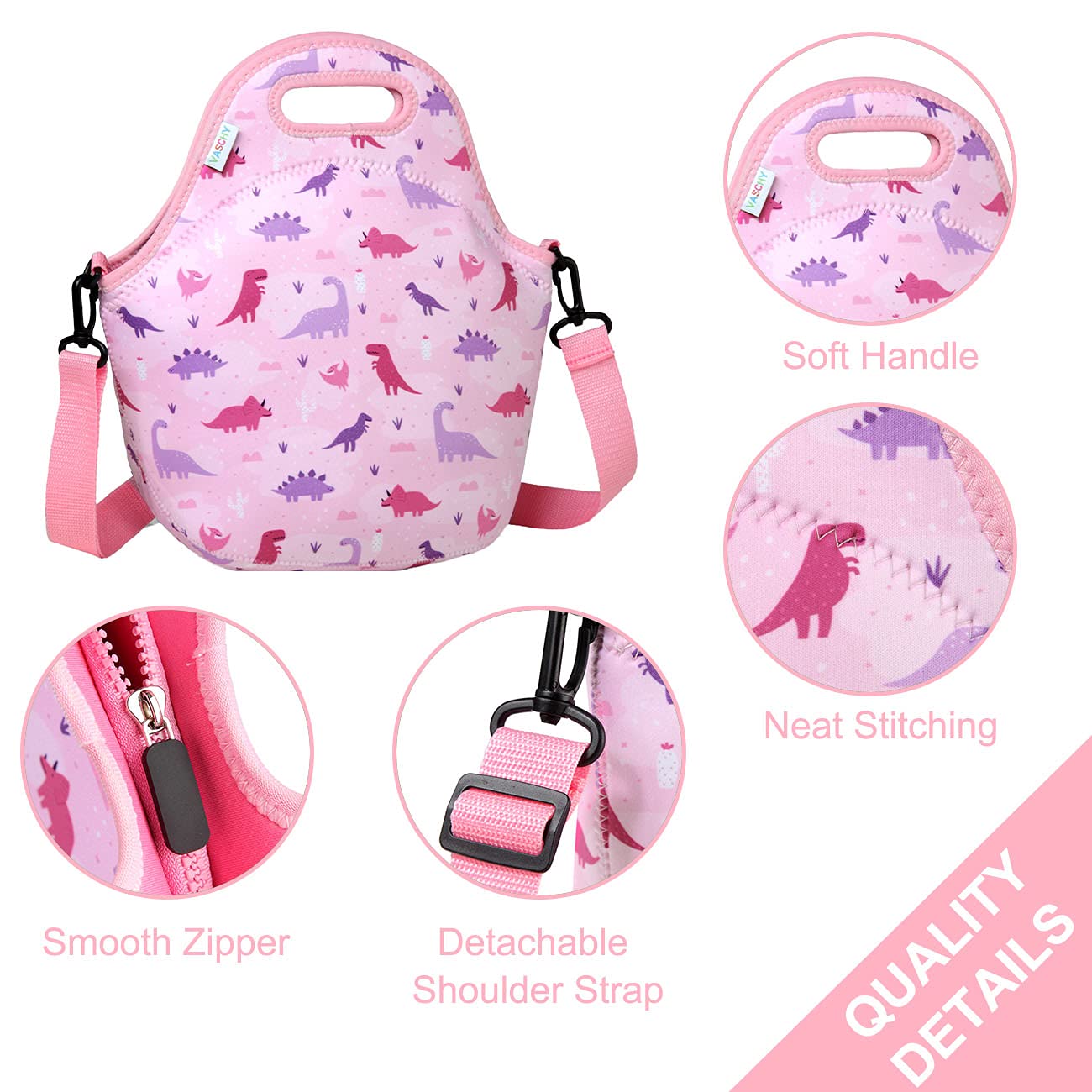 Lonchera para niños, bolsa de almuerzo ligera de neopreno para niños pequeños y niñas a la escuela, guardería, jardín de infantes, dinosaurio rosa 5