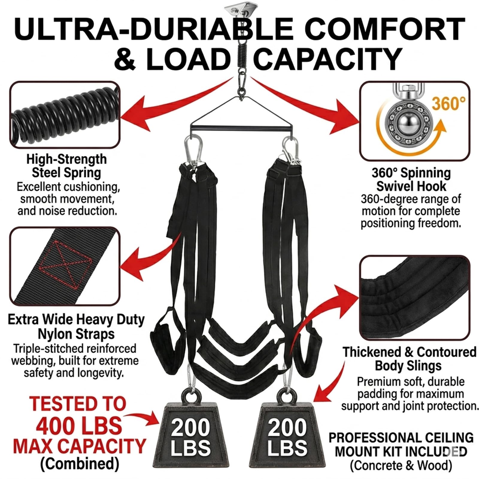 Balançoire sexuelle pour le plafond, balançoire sexuelle confortable avec coussinets extra larges, kit de bondage SM extra robuste pour les couples