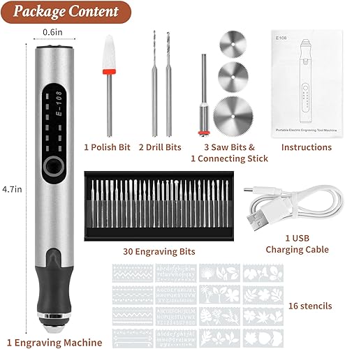 Miniatura 7 de Bolígrafo de grabado con 37 bits, máquina de grabado inalámbrica recargable por USB con caja, grabador giratorio portátil para joyas de madera,