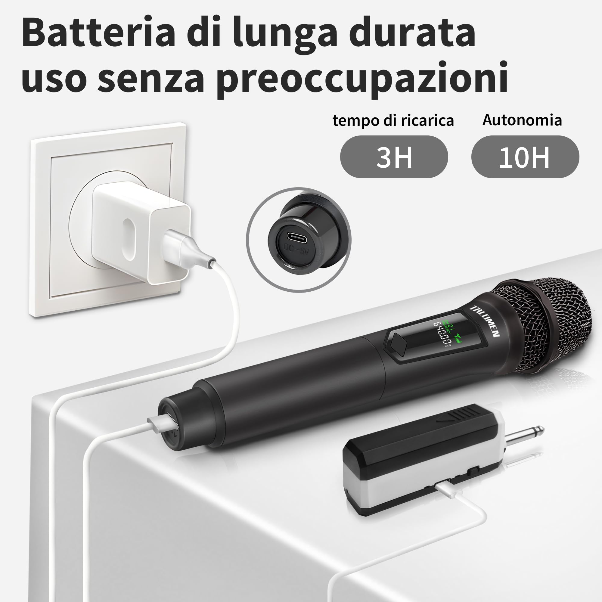 talomen Microfono wireless karaoke 2,4 GHz, microfono dinamico portatile professionale con ricevitore ricaricabile, per canto, karaoke, feste, esibizioni dal vivo, K604 Argento, Nero, Verde, Viola