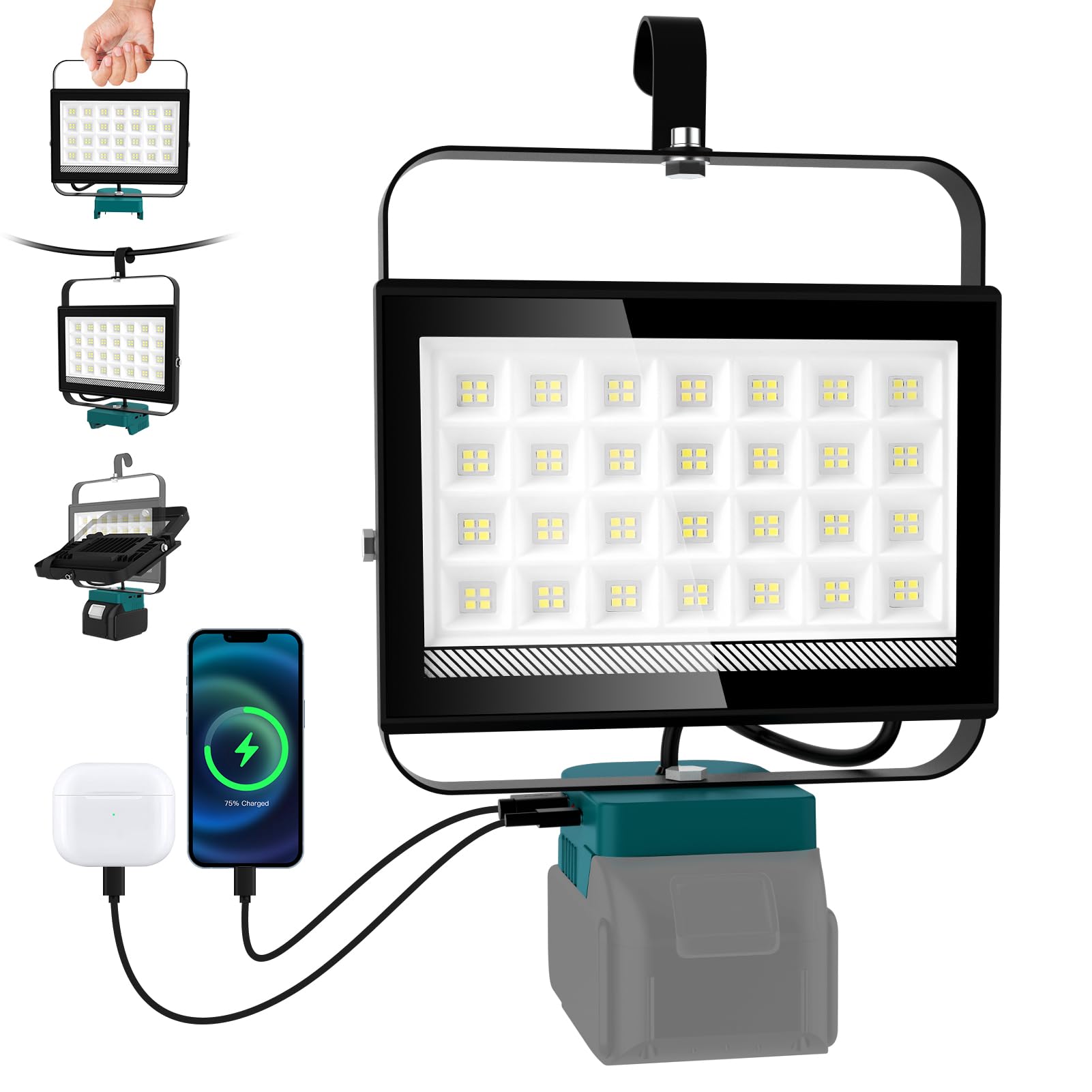 NATPOW Projecteur LED Compatible avec Makita 18V, 100W 6500LM Lampe de Chantier, 2 Modes 6000K Phare avec Type C et USB pour Chantier, Garage, Camping, Pêche, Sans Batterie