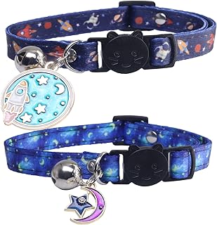 Tyeoo Cat Collars Breakaway with Bell - 2 Pack Cat Safety Collars for Boys & Girls Cats- Safety Buckle Kitten Collar Star and Moon Rocket Pattern Kitty Collars (Blue)