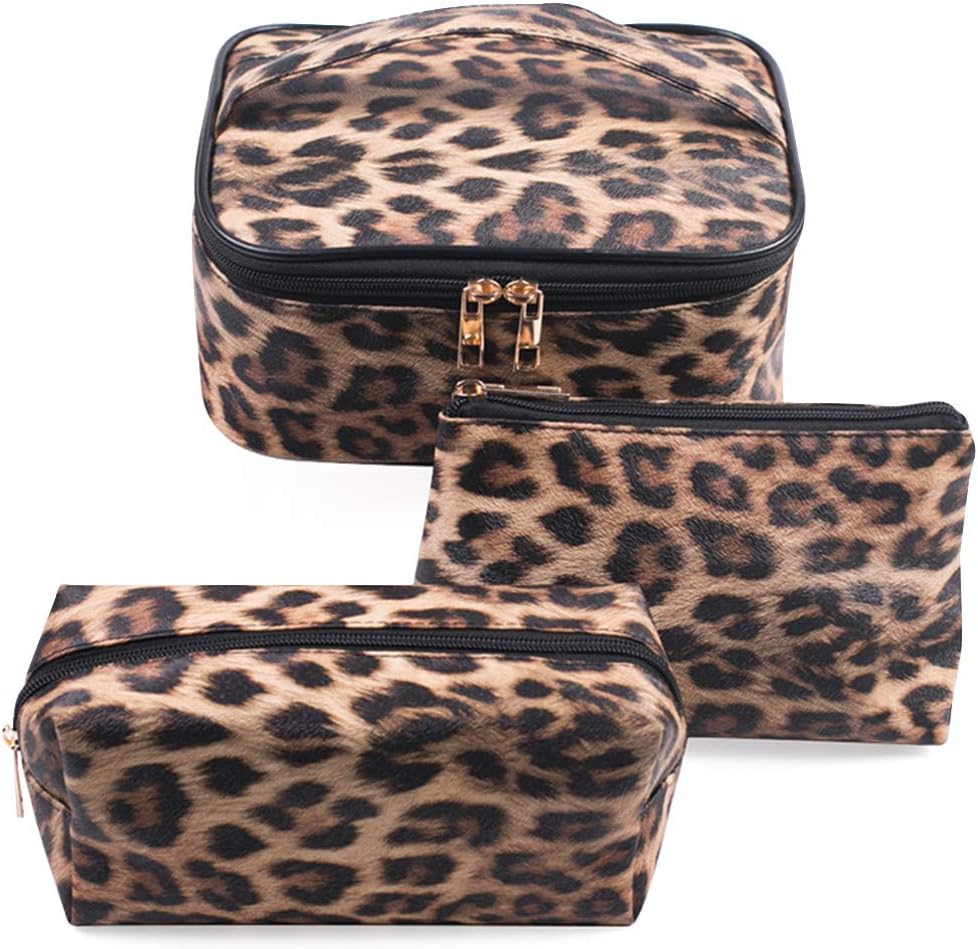 Leopard Makeup Bag 3 Pack Portable Waterproof Toiletry Bag Cosmetic Bag Make up Organizer Brushes Holder Travel Storage Case for Women Girls Men Ladies