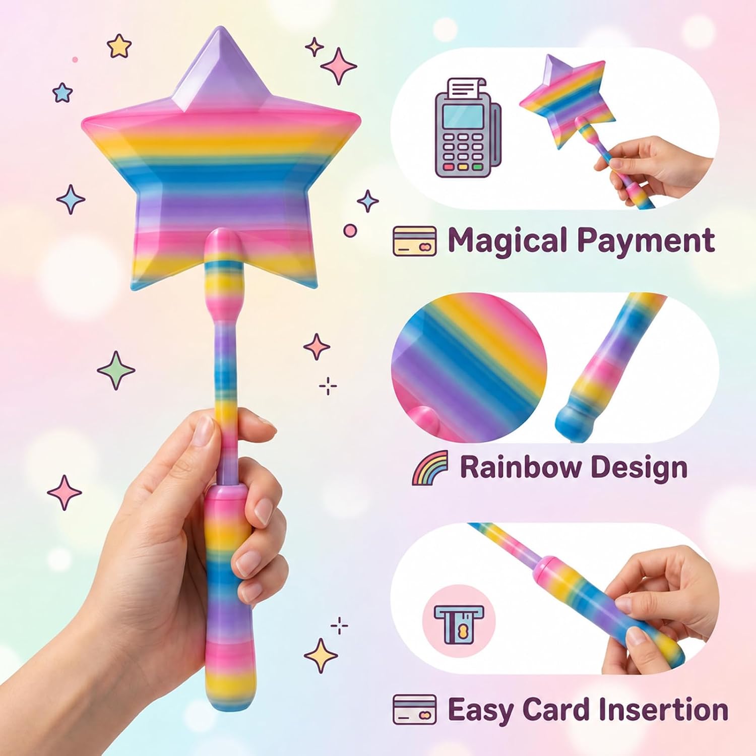 Magic Wand Credit Card Holder, Credit Card Wand with Tap to Pay Function, 3D Printed Star Wand for Family Shopping and Financial Education, Rainbow Candy Design Payment Methods Tool