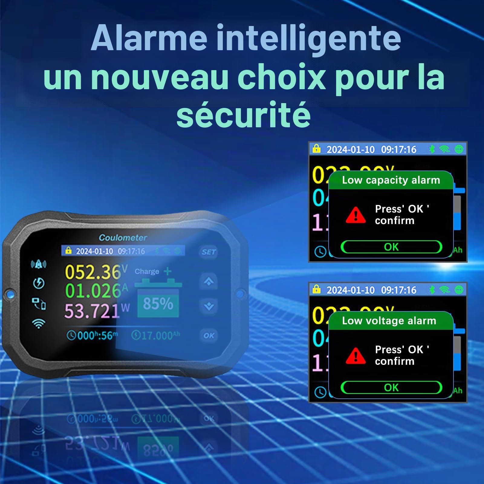 100A wifi moniteur batterie 12V 24V 36V 48V 72V moniteur batterie 10-100V affichage tension app télécommande moniteur batterie caravane garde batterie (KM110F avec alarmes)