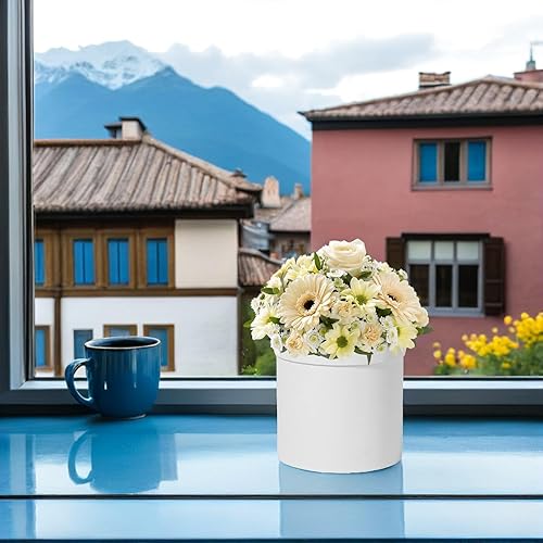 Miniatura 7 de Caja de flores redonda de papel colorido Caja de embalaje de papel de flores Cubo de embalaje de flores redondas para fiesta de oficina (blanco)