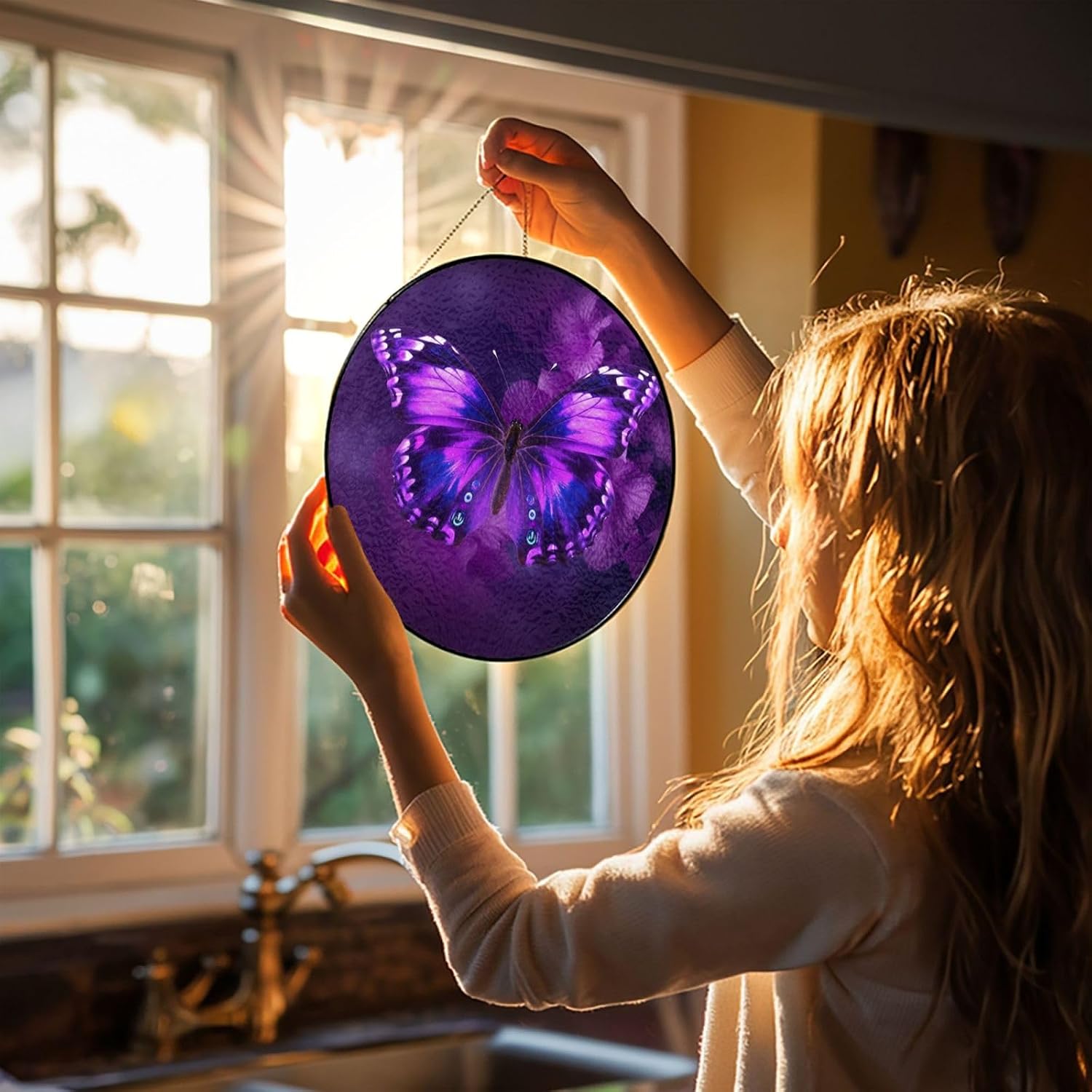 Stained Glass Window Hanging 4in（10cm）, Purple Butterfly Sun Catchers Indoor Window, Stained Glass Suncatcher Ornament with Metal Chain, Wall Art Home Decor Gift for Women Mother's Day