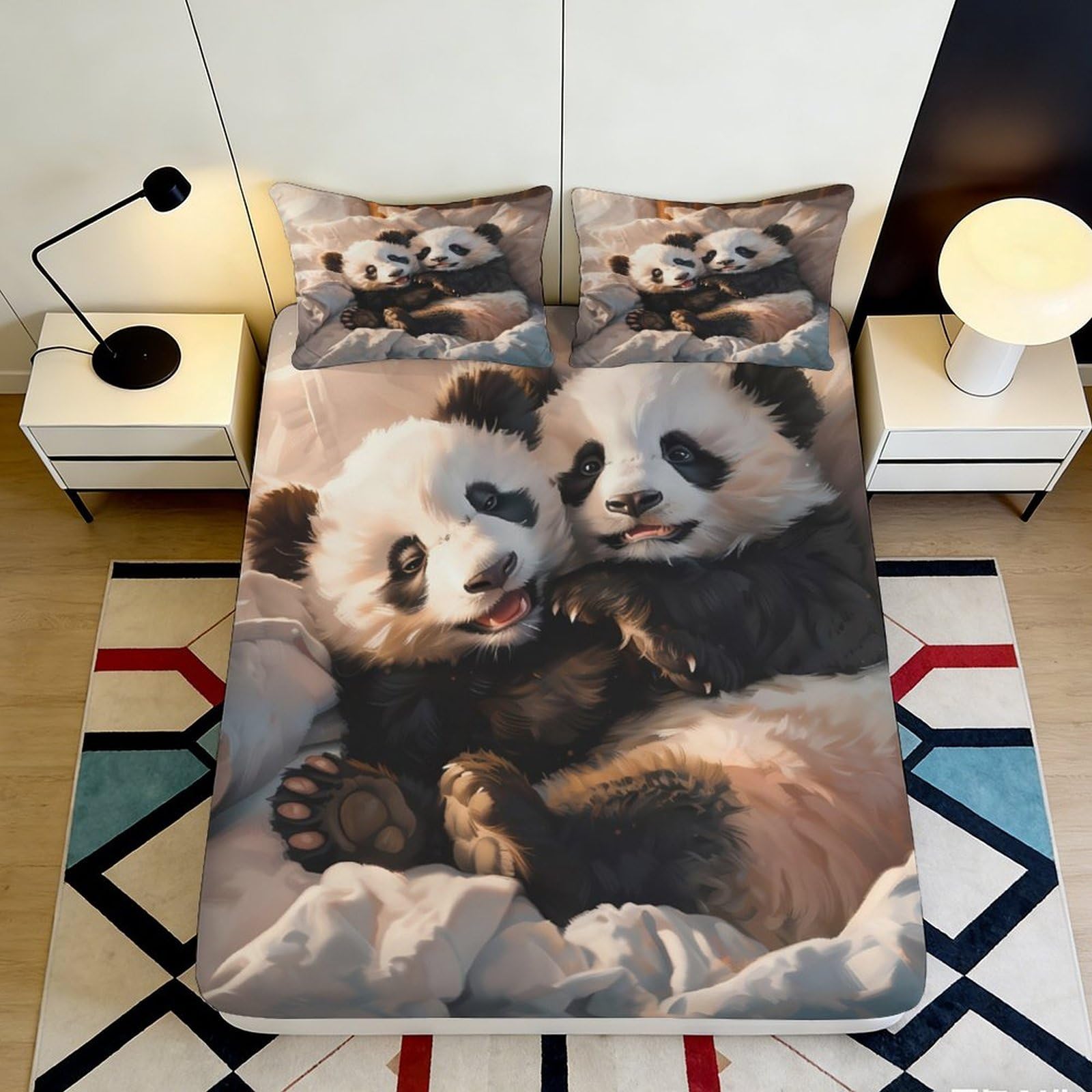3D Printed Cute Panda Fitted Sheet Microfiber Non-Slip Deep Pocket Bedding Panda Mattress Fitted Cover Full Wrap Washable 140x200x25cm