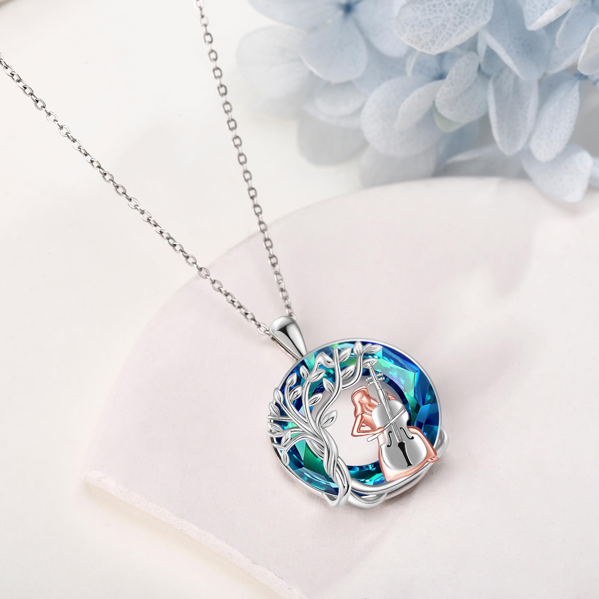 DAYLINLOVE Collar de violonchelo de plata de ley 925 con diseño de árboles de la vida, joyería de cristal de violonchelo, regalos de graduación para mujeres amantes del violonchelo, Plata esterlina