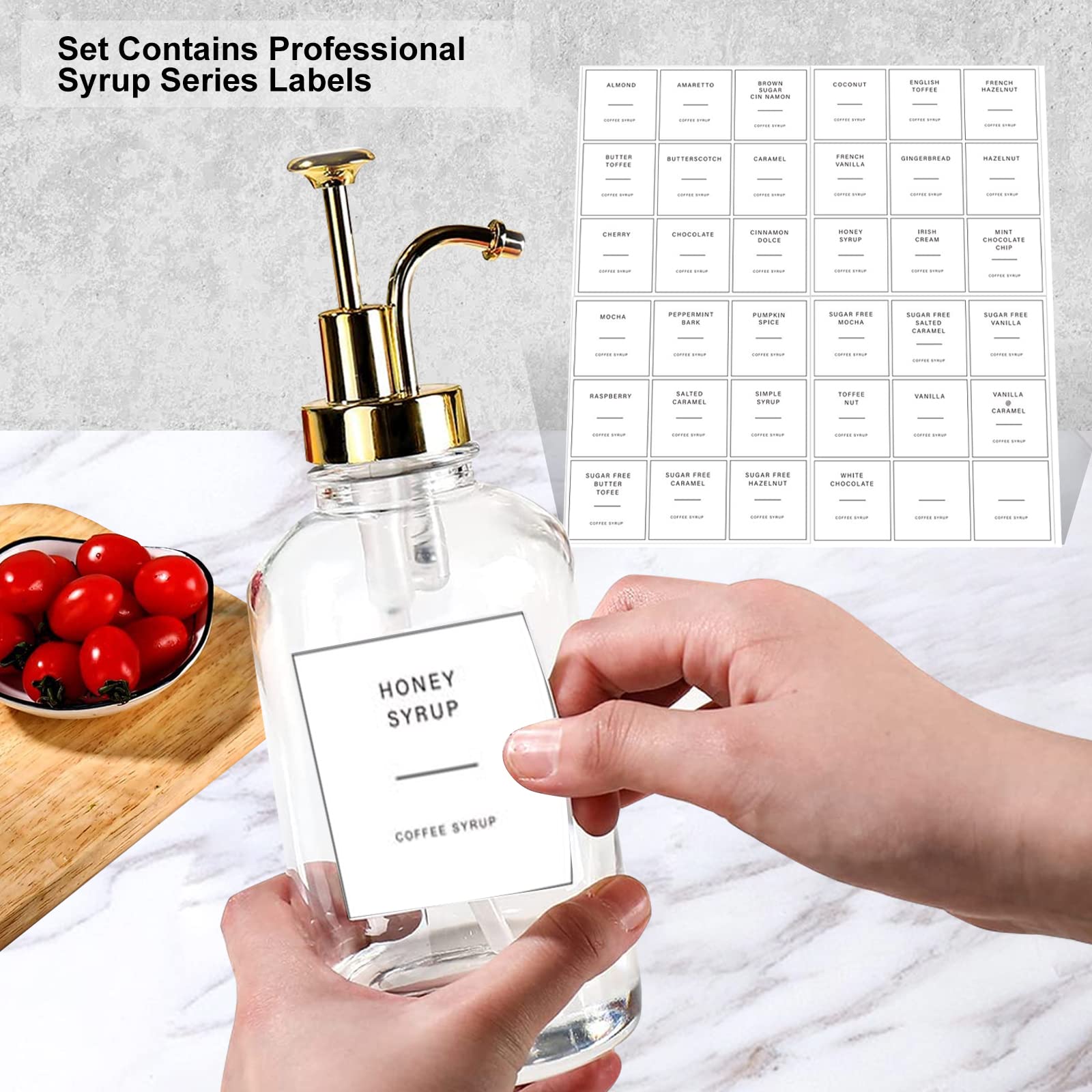Set 2 Dispenser Sciroppo Caffè - Bottiglie Vetro 500ml Con Pompe, 18 Etichette Incluse - Foto 13