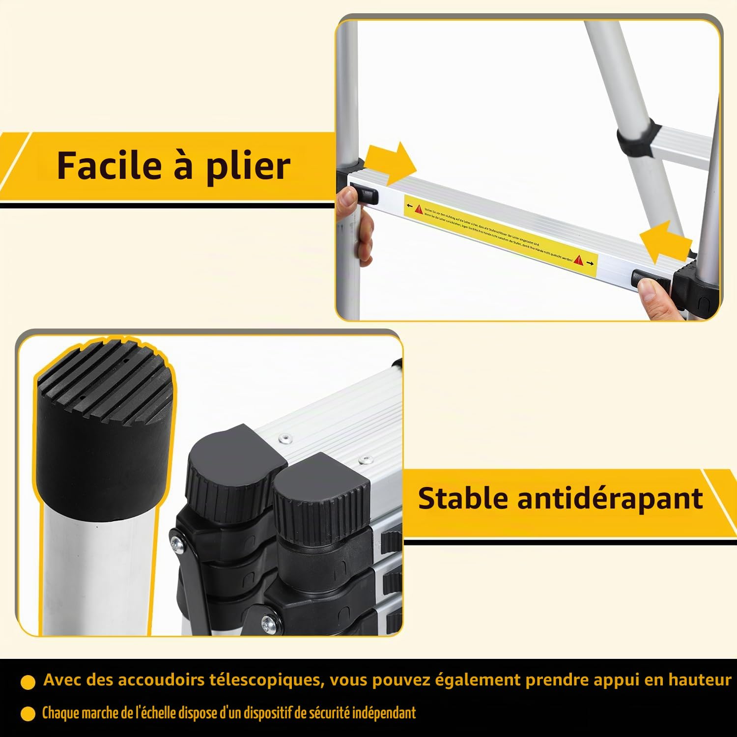 Échelle télescopique Pliante - 1,7 m + 2,0 m - en Aluminium - Cadre A - 5 + 6 échelons - Antidérapante - Charge maximale : 150 kg