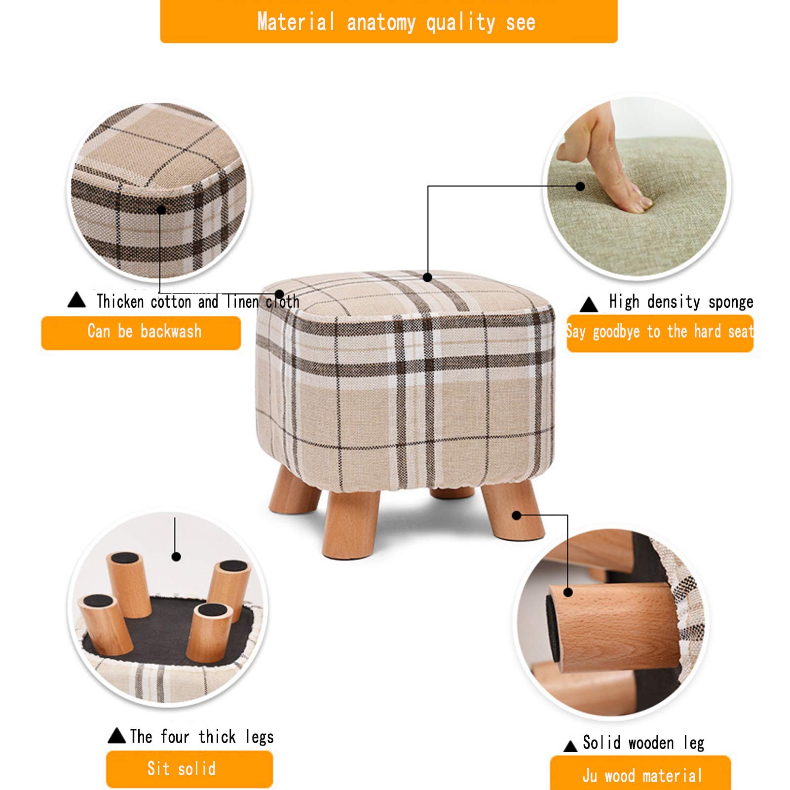 Solidne drewno Holstered Vanity Stool/Chair Ottoman,with Removable Linen Cover and 4 Wood Legs, Dressing Table Stool/Fotel/Seating Footstool/Foot Trest