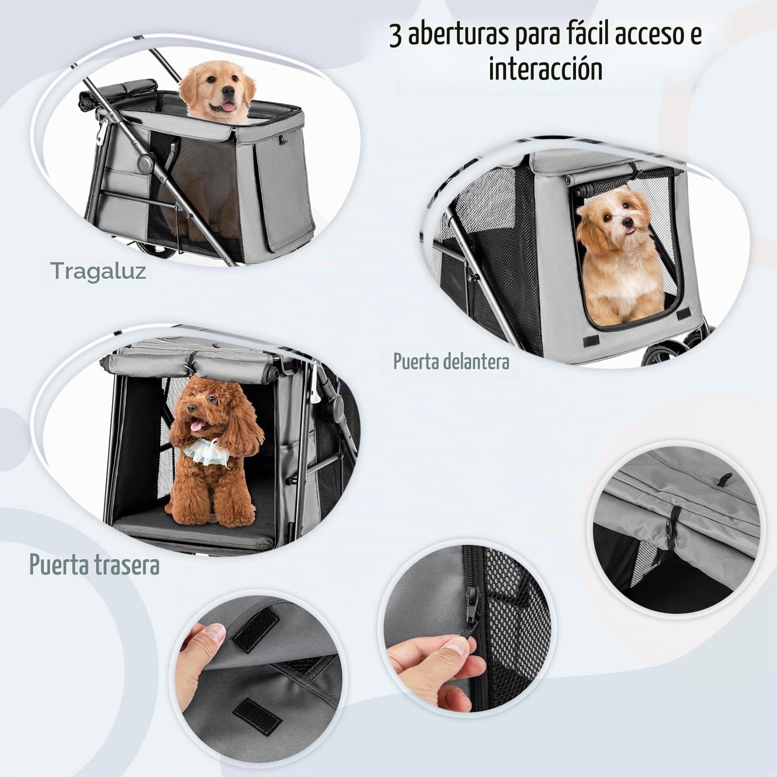 GOPLUS Cochecito para Mascotas para Perros y Gatos de Hasta 40KG, Cochecito Plegable con Cojín Suave, Ventana de Malla y 2 Entradas, Transportador para Perros con Ruedas Universales y Asa, Gris