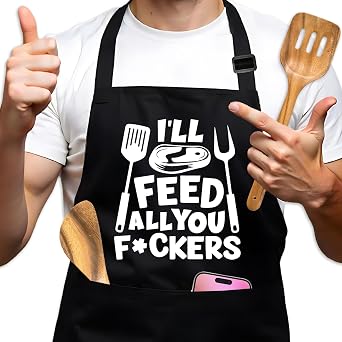 Funny Aprons for Women Men, Adjustable Black Grilling Cooking Baking Apron with Pockets, Christmas Birthday Gifts