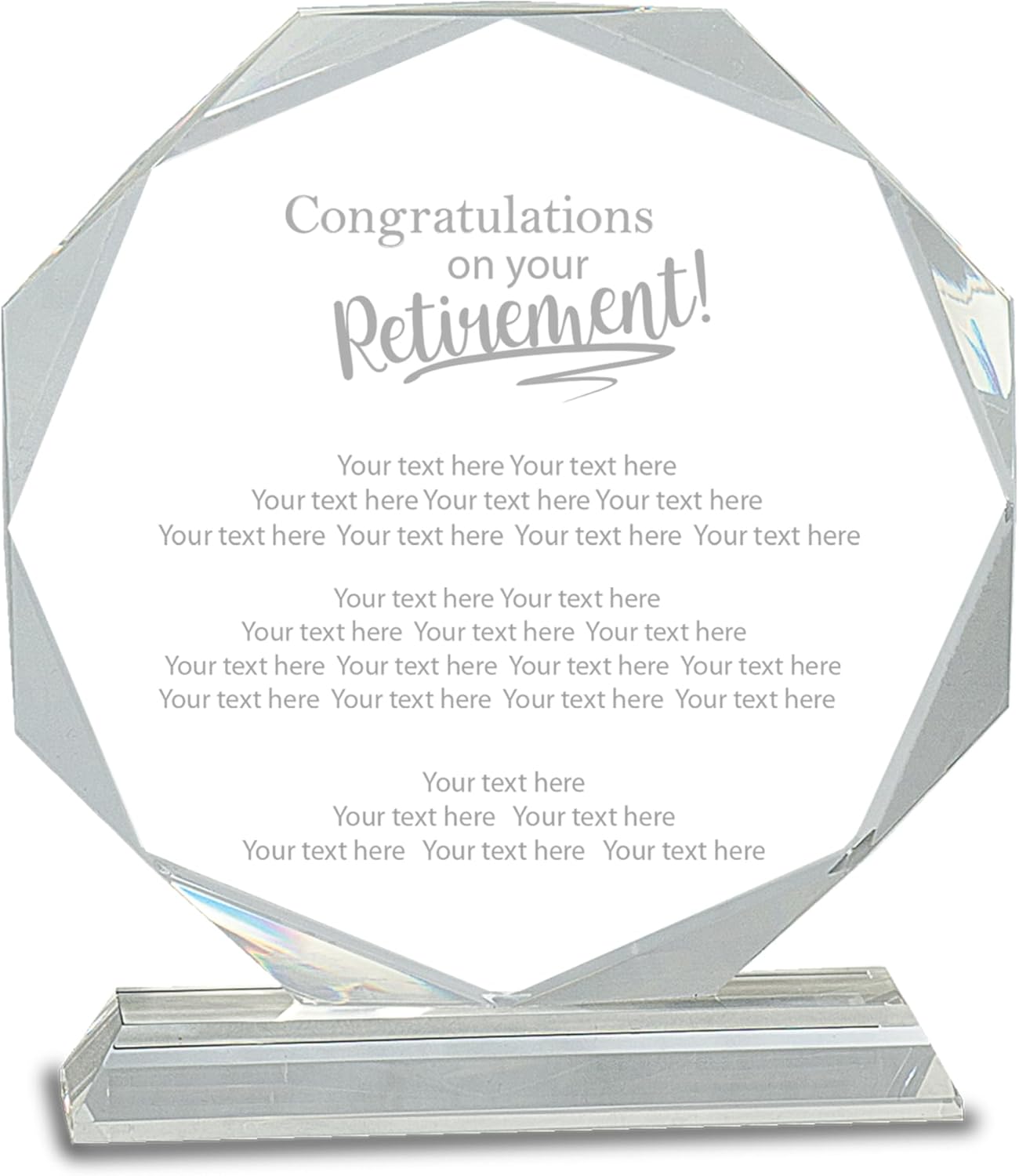 7 1/4" Clear Crystal Octagon Congratulations on your Retirement Award, Custom Engraved Glass Award Plaque for Retiring Employees