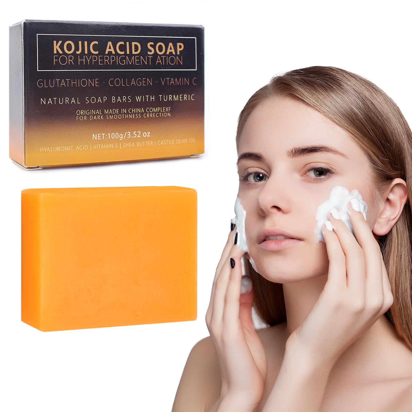 2 pcs Savon à L'acide Kojique au Curcuma,Skin Lightening Soap,VC Savonnette,Doux pour l'Hydratation du Visage et Corps,pour Bain Éclaircissant,Rétrécissement des Pores(2 * 100g)