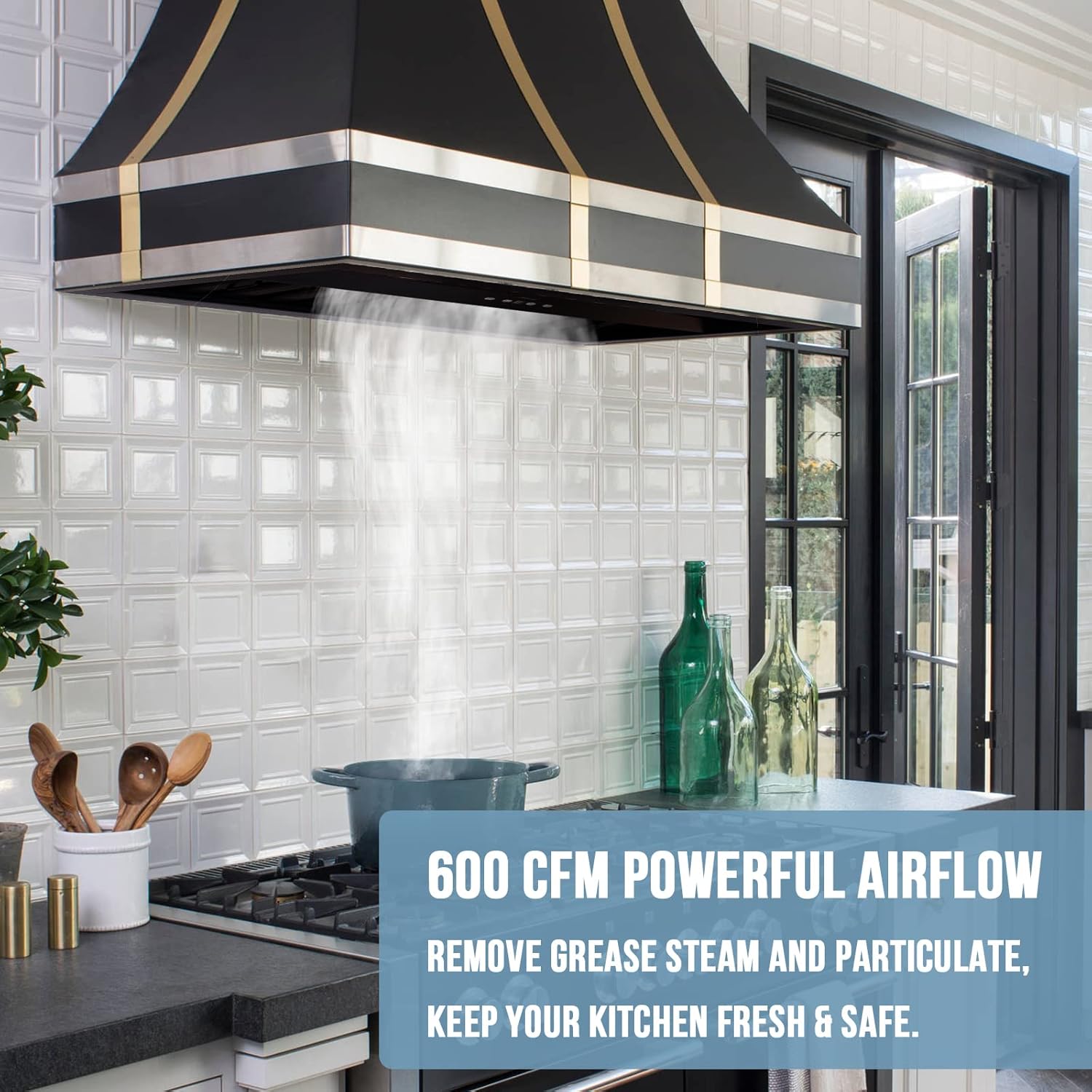 Akicon Range Hood Insert 30 Inch, Ultra Quiet, Powerful Suction Built-in Kitchen Vent Hood, Matte Black Stainless Steel Ducted Stove Hood with Dimmable LED Lights, 3-Speeds 600CFM