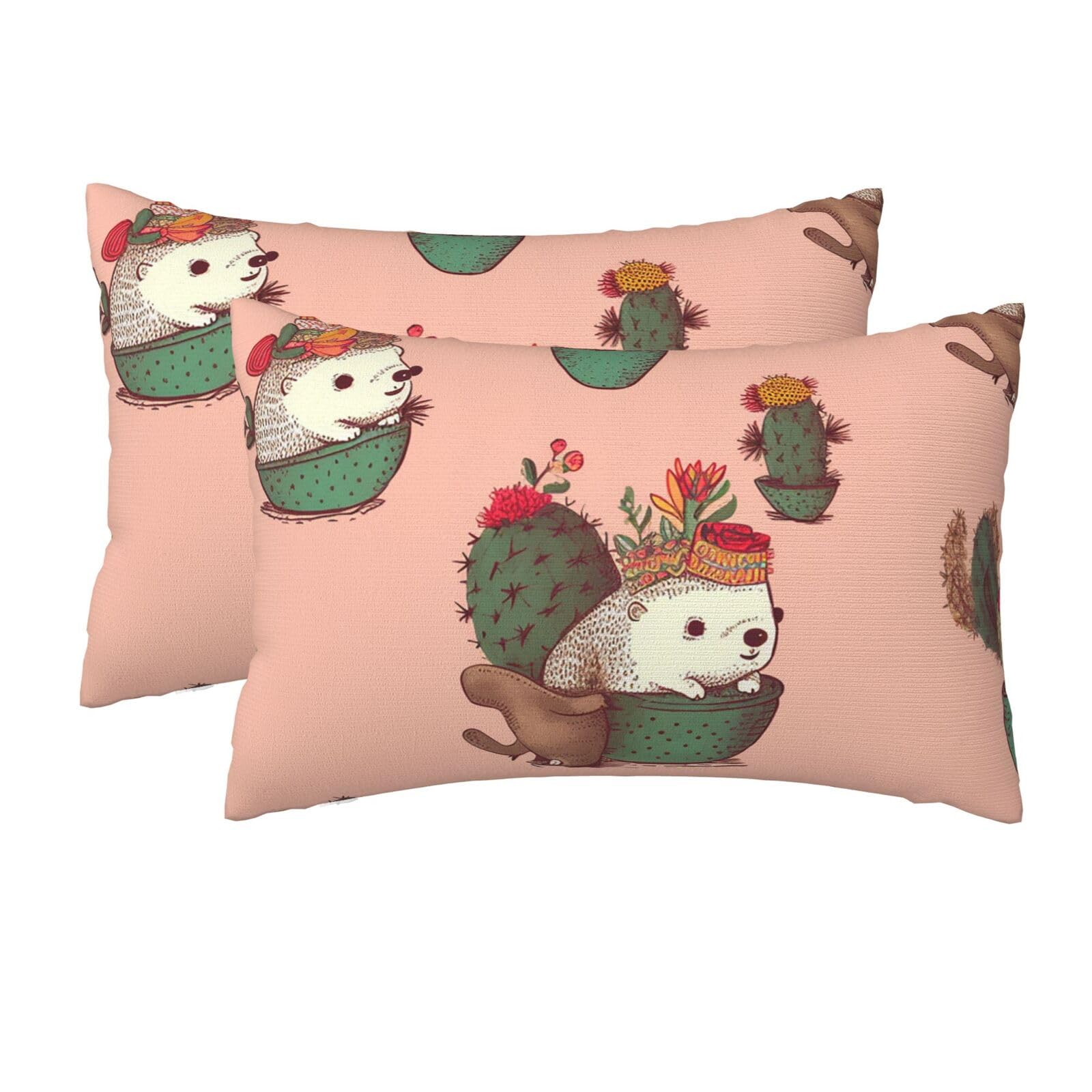 2 Pack Queen Size Pillow Cases for Hair and Skin Soft Breathable Pillow Case Covers with Hidden Zipper Hedgehog and Cactus Pillowcase 20x30 Inches Pillow Cover for Sleeping Gift