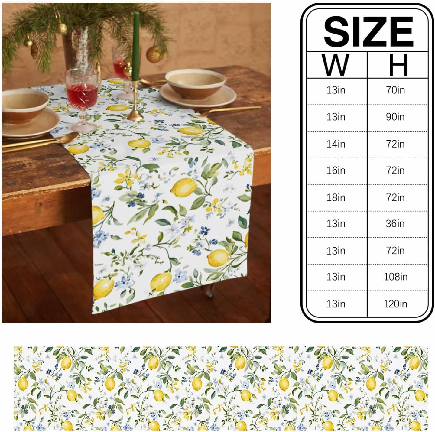 Summer Lemon Table Runner 90 inches Long Blue Flowers Leaves Waterproof Table Cloth Holiday Kitchen Dining Table Decorations for Indoor Outdoor Home Party Coffee