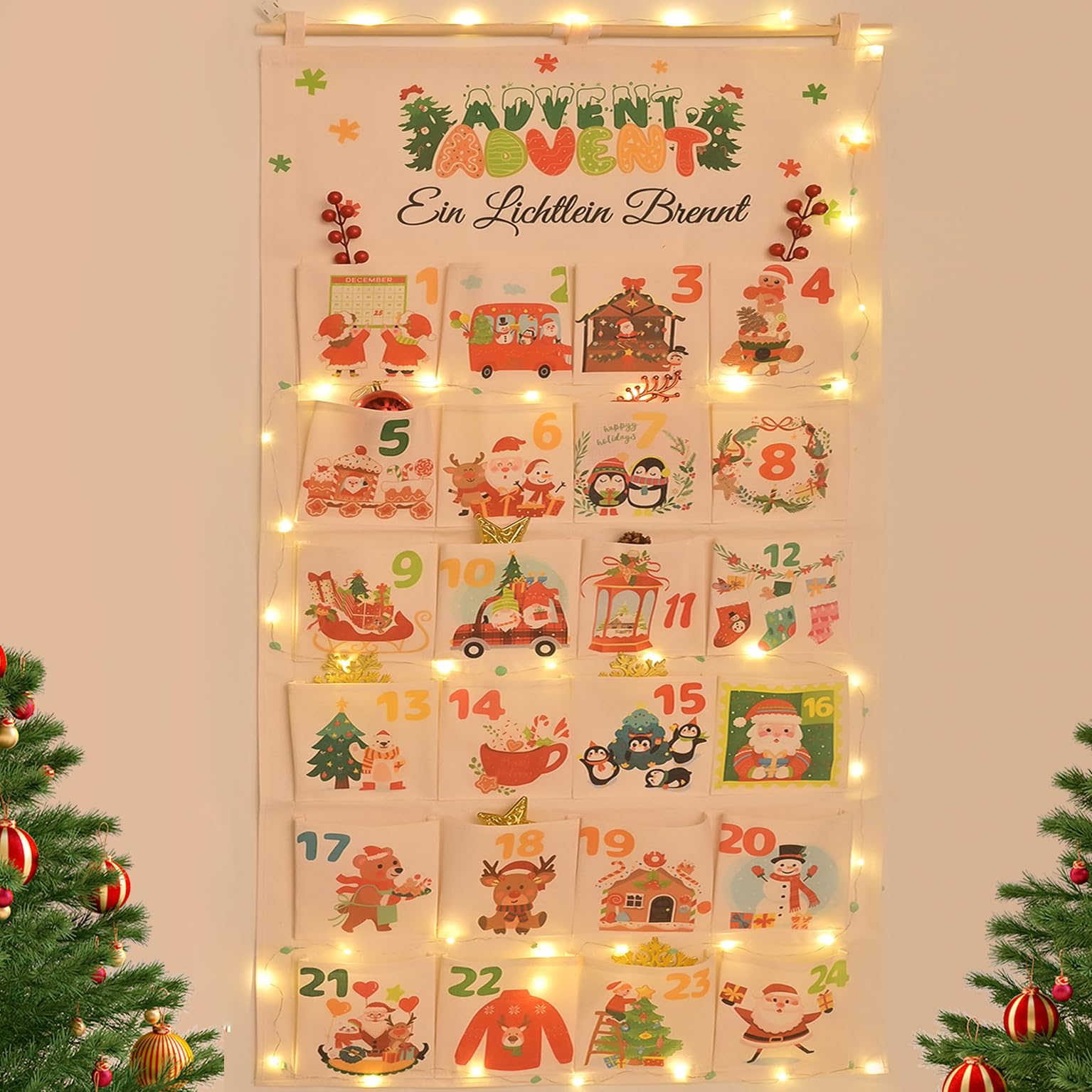 Adventskalender zum Befüllen Stoff mit 3M Lichtkette,120 * 60cm Adventskalender 2025 Selber Befüllen mit 24 Taschen,Wiederverwendbare Geschenke Weihnachten,Deko Wohnzimmer