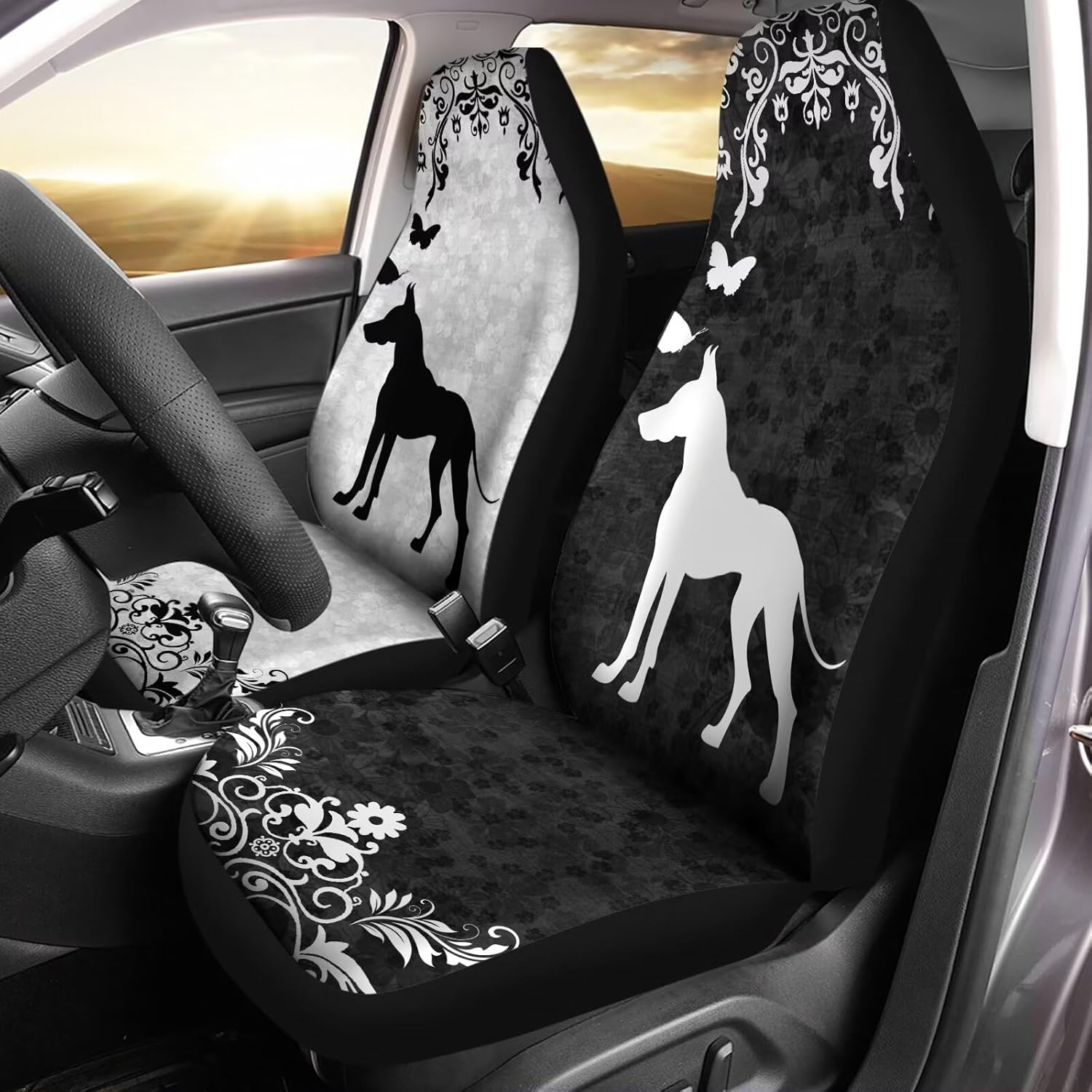 Car Front Seat Cover, Great Dane Dog Boho Floral Printed Waterproof Auto Universal Interior Accessories for Cars Truck Van SUV