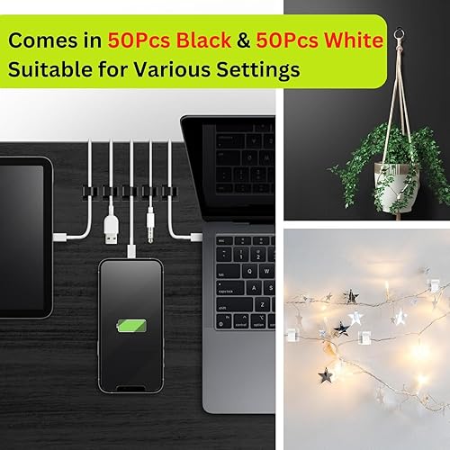 Miniatura 7 de 100 unidades Clips adhesivos para cables (pequeño, blanco y negro) clips de gestión de cables para debajo del escritorio, clips organizadores de